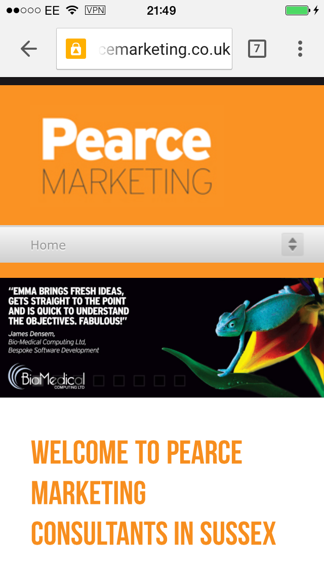 Pearce Marketing Website as shown on a mobile device